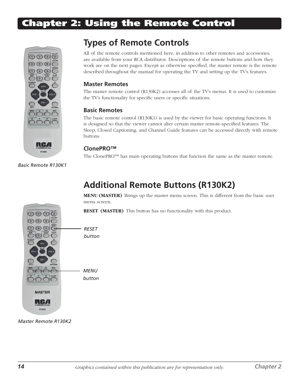 Types of remote controls, Additional remote buttons (r130k2), Chapter 2: using the remote control | RCA J26L637L User Manual | Page 14 / 38