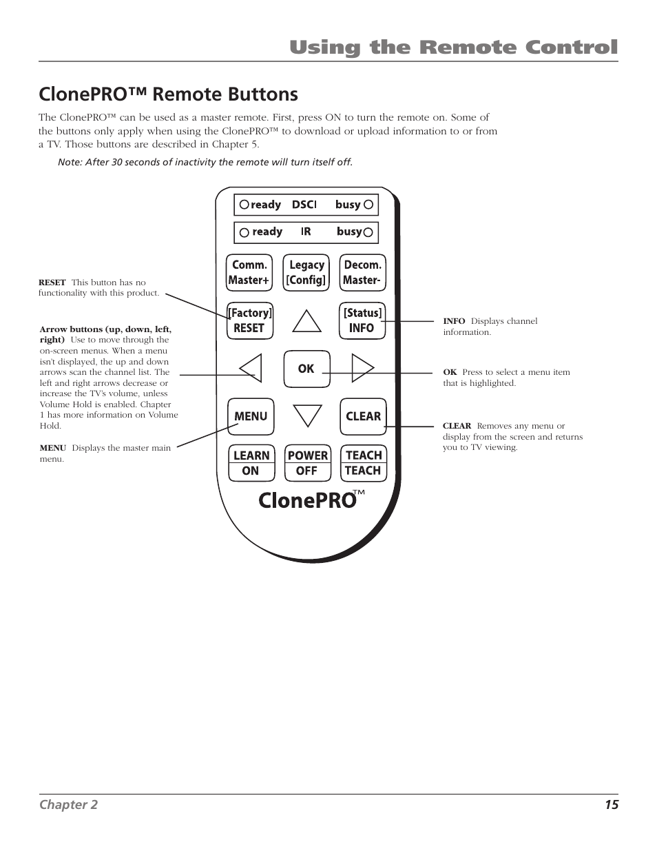 Using the remote control, Clonepro™ remote buttons | RCA J26L637L User Manual | Page 15 / 38