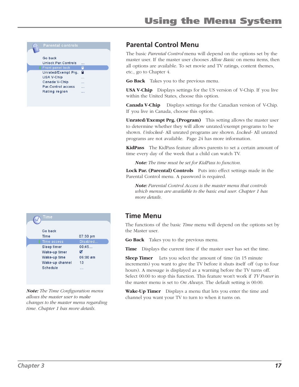 Using the menu system, Parental control menu, Time menu | RCA J26L637L User Manual | Page 17 / 38