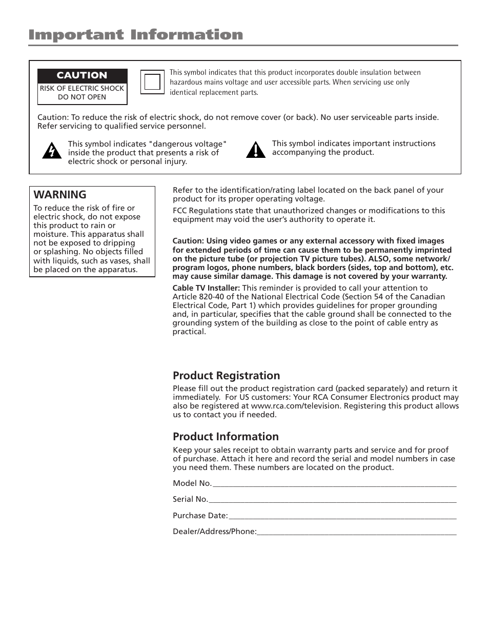 Important information, Product registration, Product information | Warning | RCA J26L637L User Manual | Page 2 / 38
