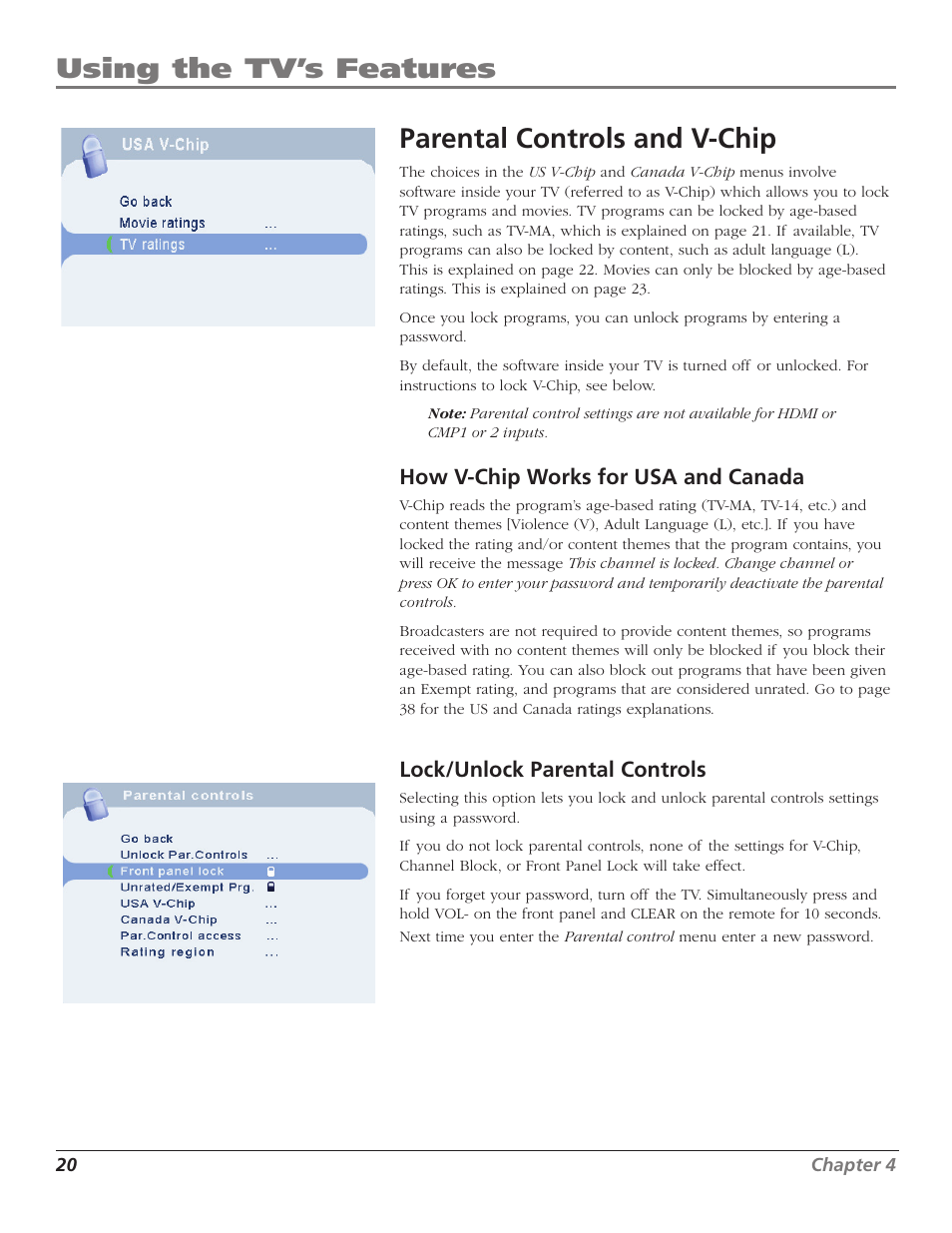 Using the tv’s features, Parental controls and v-chip, How v- chip works for usa and canada | Lock/unlock parental controls | RCA J26L637L User Manual | Page 20 / 38