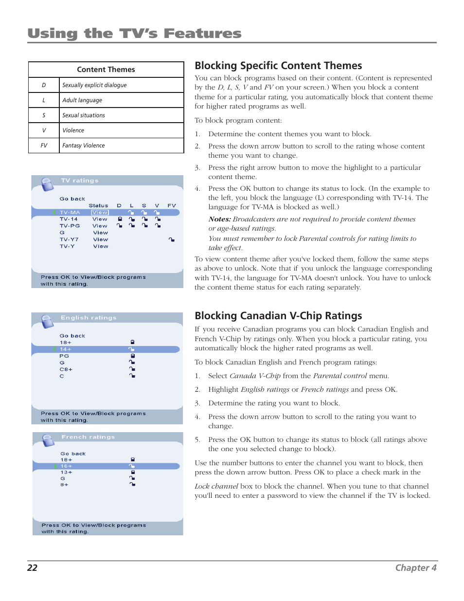 Using the tv’s features, Blocking specifi c content themes, Blocking canadian v-chip ratings | RCA J26L637L User Manual | Page 22 / 38