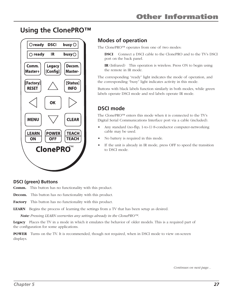Other information, Using the clonepro, Modes of operation | Dsci mode | RCA J26L637L User Manual | Page 27 / 38