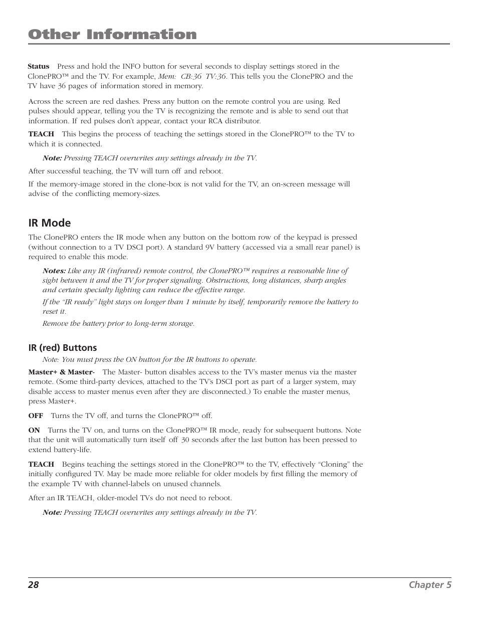 Other information, Ir mode | RCA J26L637L User Manual | Page 28 / 38