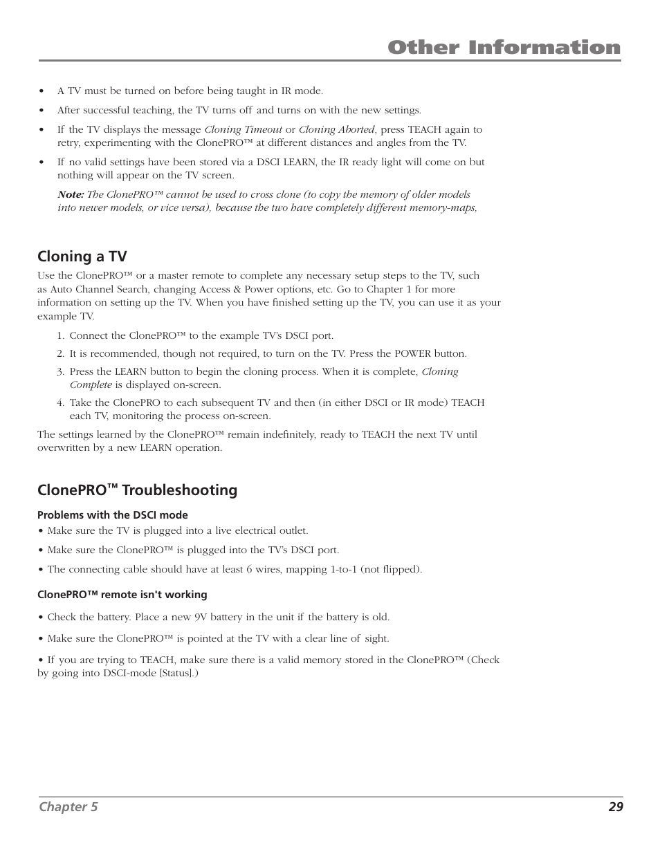 Other information, Cloning a tv, Clonepro | Troubleshooting | RCA J26L637L User Manual | Page 29 / 38