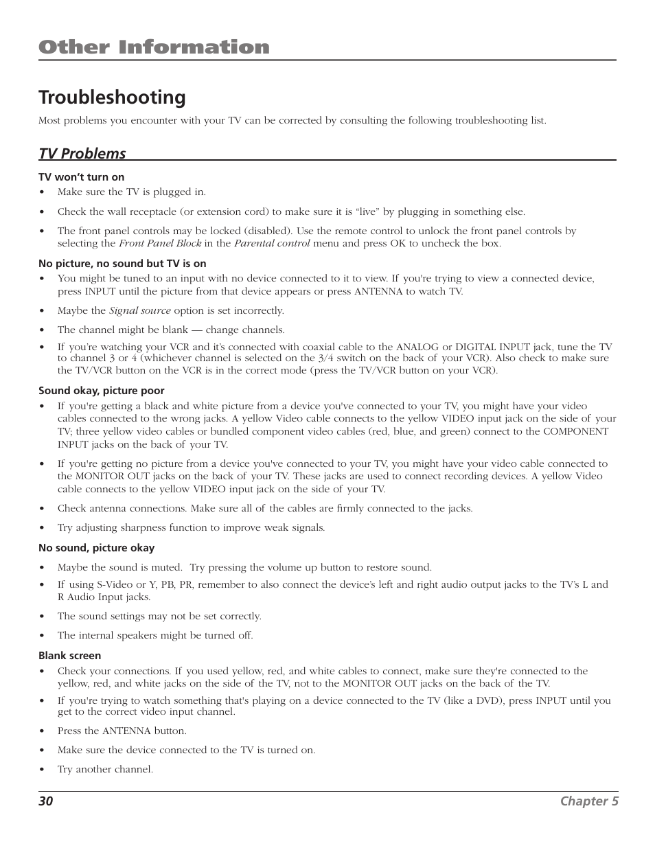 Other information troubleshooting, Tv problems | RCA J26L637L User Manual | Page 30 / 38