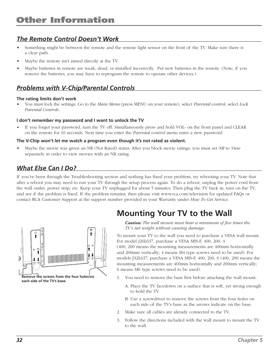 Other information, Mounting your tv to the wall, The remote control doesn’t work | Problems with v-chip/parental controls, What else can i do | RCA J26L637L User Manual | Page 32 / 38