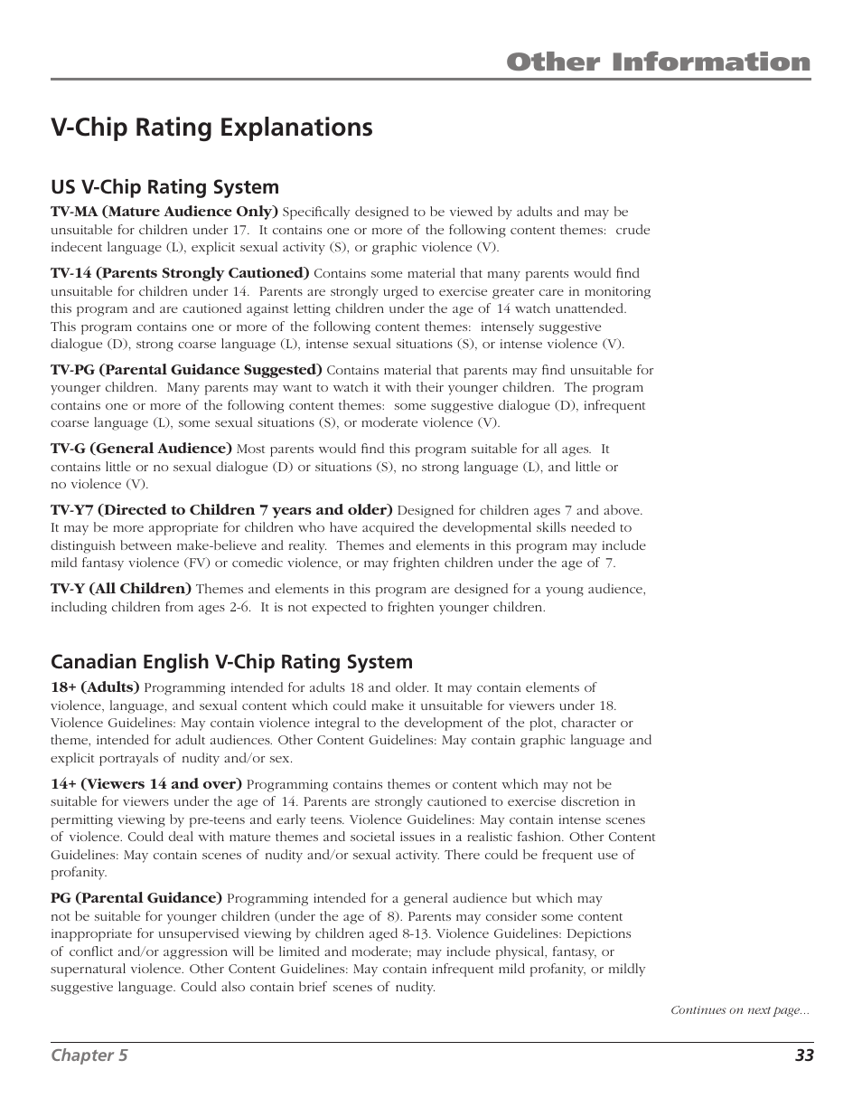 Other information v-chip rating explanations, Us v-chip rating system, Canadian english v-chip rating system | RCA J26L637L User Manual | Page 33 / 38