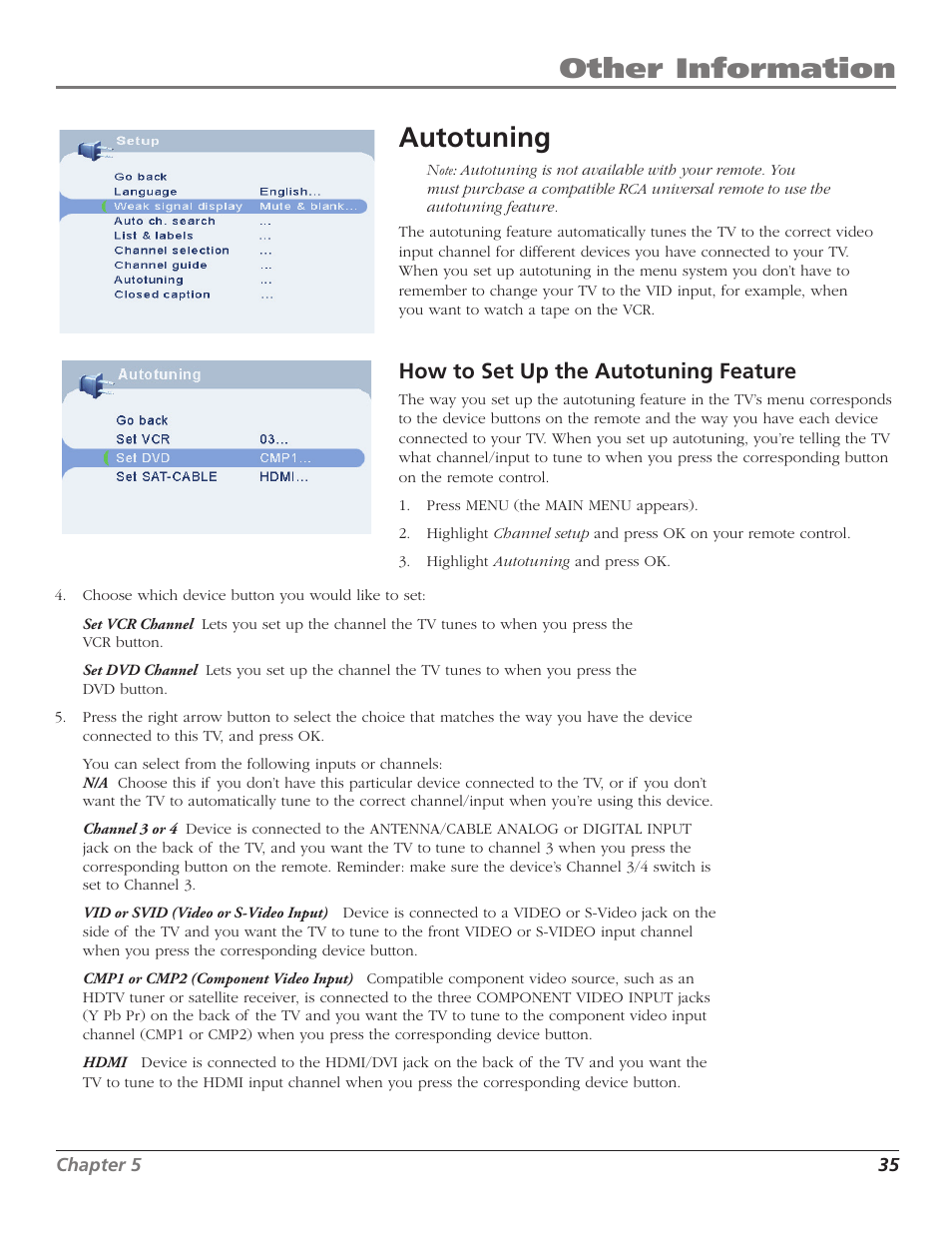 Other information autotuning, How to set up the autotuning feature | RCA J26L637L User Manual | Page 35 / 38