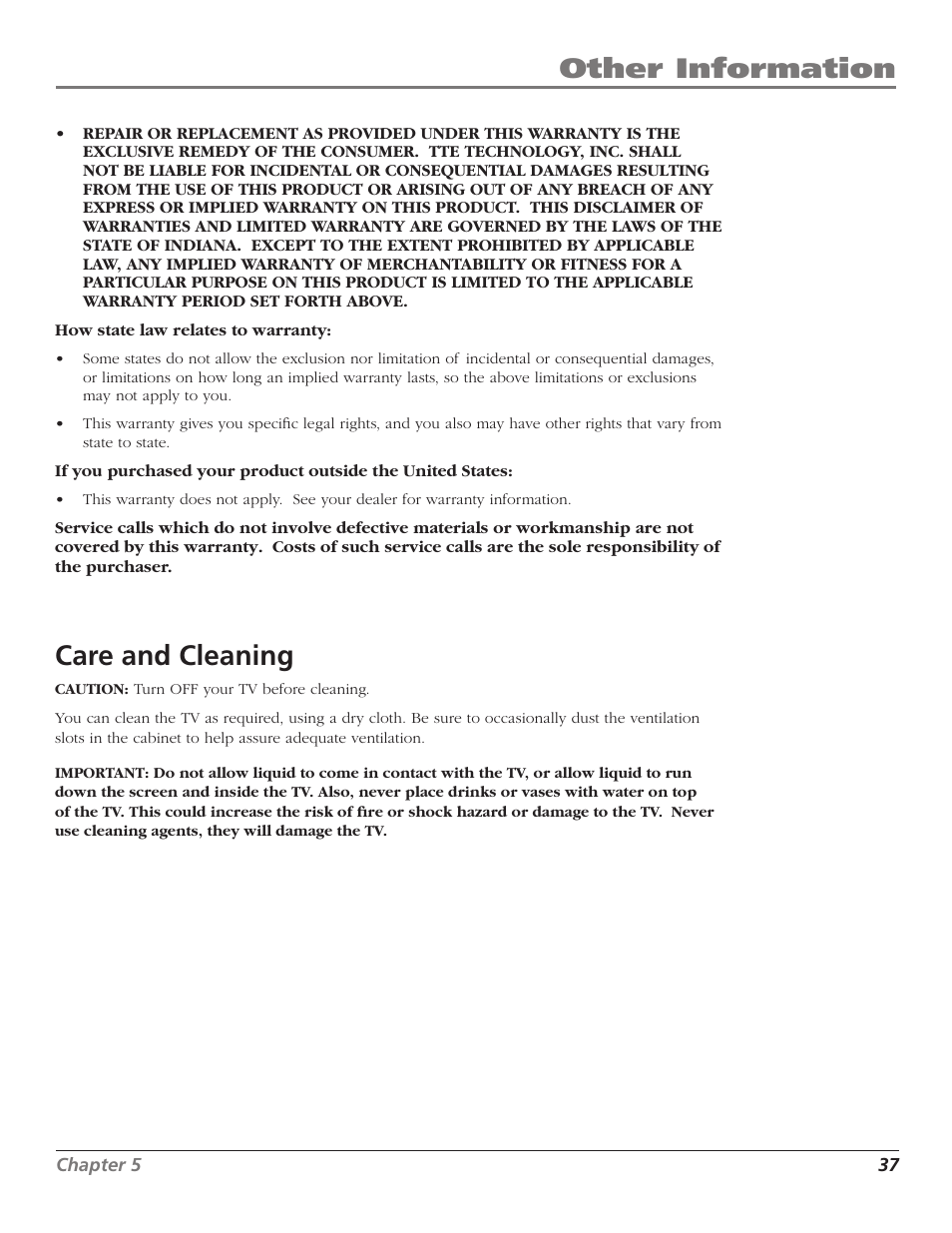 Other information, Care and cleaning | RCA J26L637L User Manual | Page 37 / 38