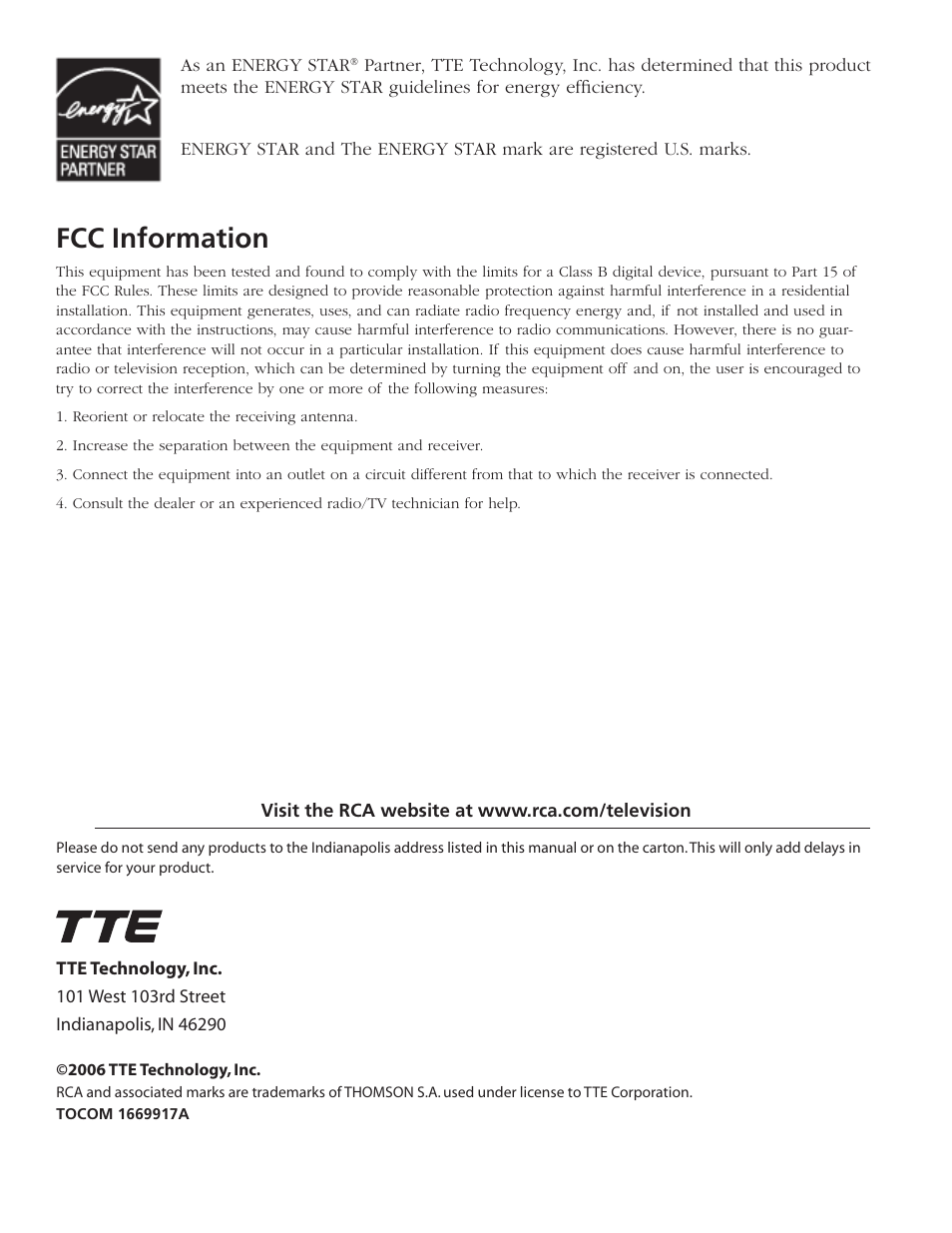 Fcc information | RCA J26L637L User Manual | Page 38 / 38