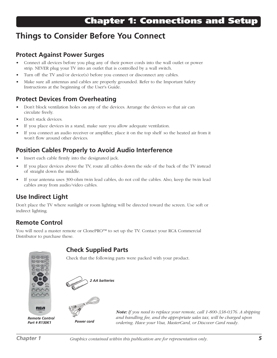 Protect against power surges, Protect devices from overheating, Use indirect light | Remote control, Check supplied parts | RCA J26L637L User Manual | Page 5 / 38