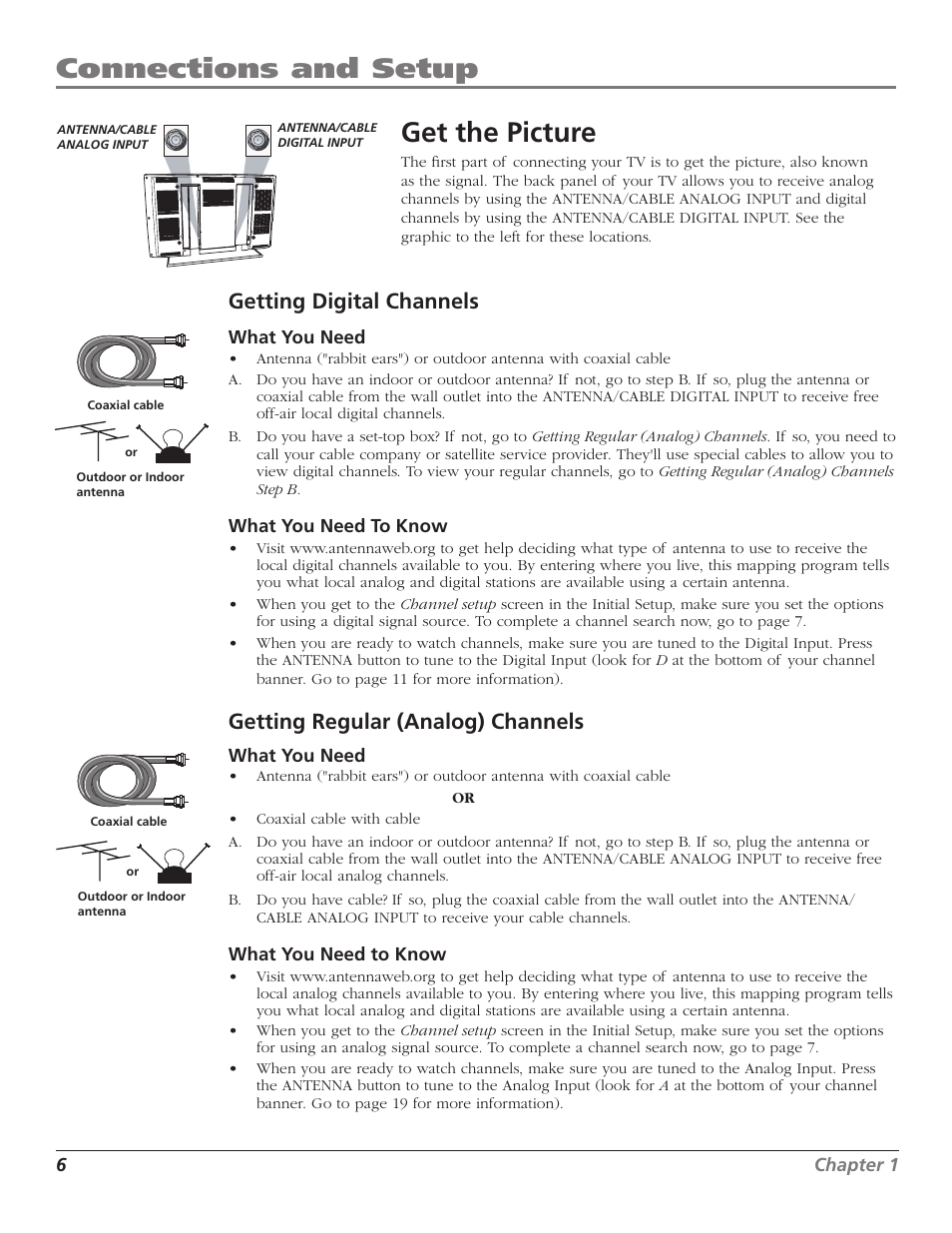 Connections and setup, Get the picture, Getting digital channels | Getting regular (analog) channels | RCA J26L637L User Manual | Page 6 / 38