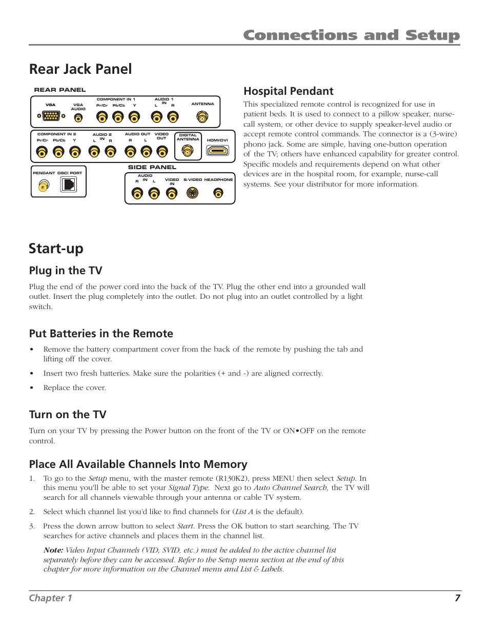 Connections and setup, Rear jack panel start-up, Plug in the tv | Put batteries in the remote, Turn on the tv, Hospital pendant, Chapter 1 7 | RCA J26L637L User Manual | Page 7 / 38