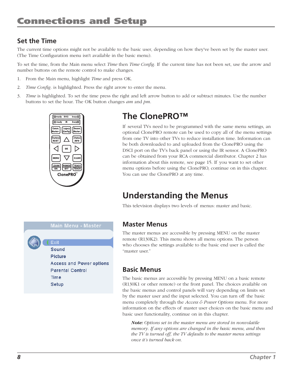 Connections and setup, The clonepro, Understanding the menus | RCA J26L637L User Manual | Page 8 / 38