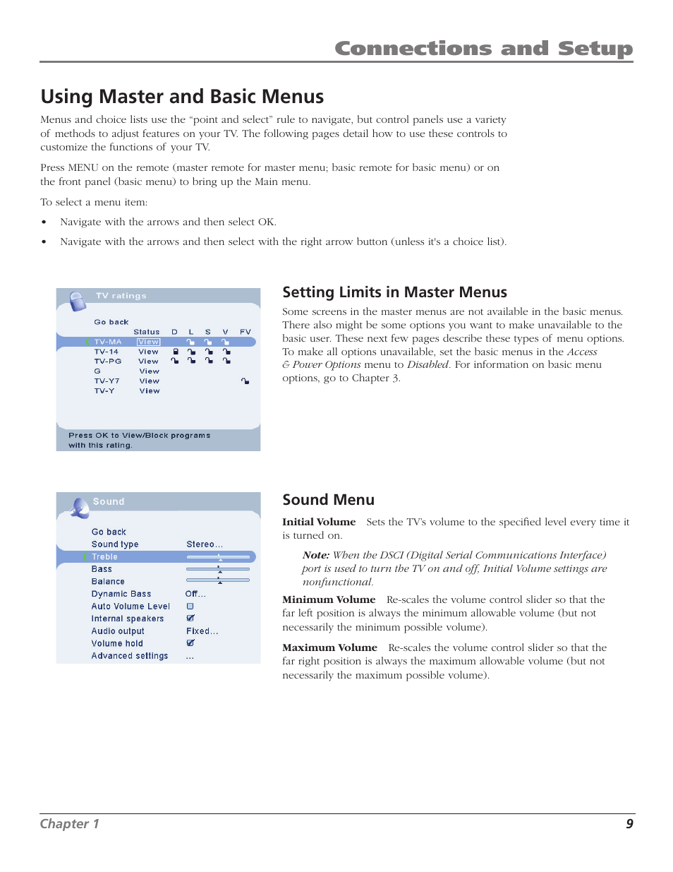 Connections and setup, Using master and basic menus, Sound menu | Setting limits in master menus | RCA J26L637L User Manual | Page 9 / 38