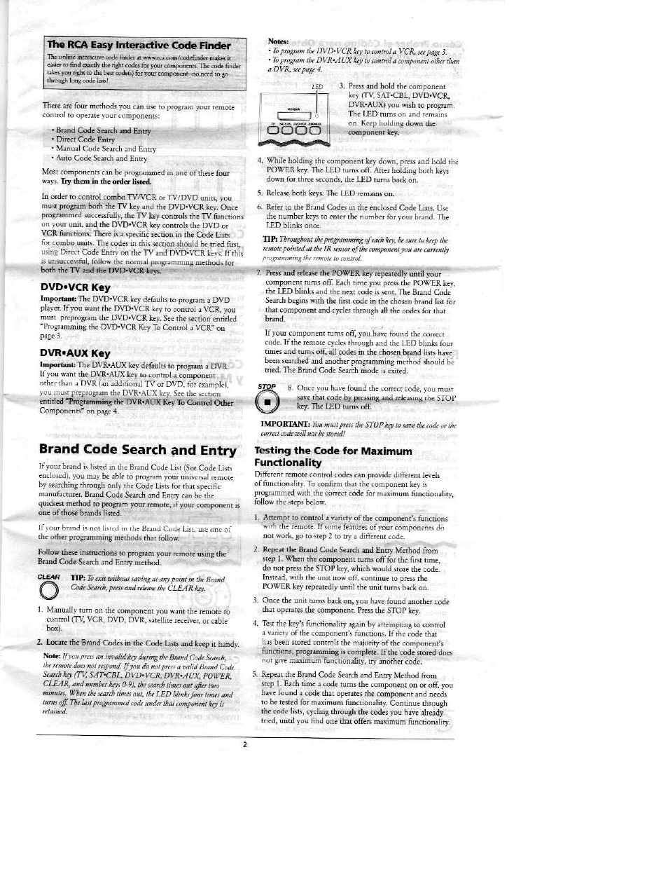 Dvd*vcr key, Dvr-aux key, Brand code search and entry | Testing the code for maximum functionality, The rca easy interactive code finder | RCA RCR4383 User Manual | Page 2 / 6