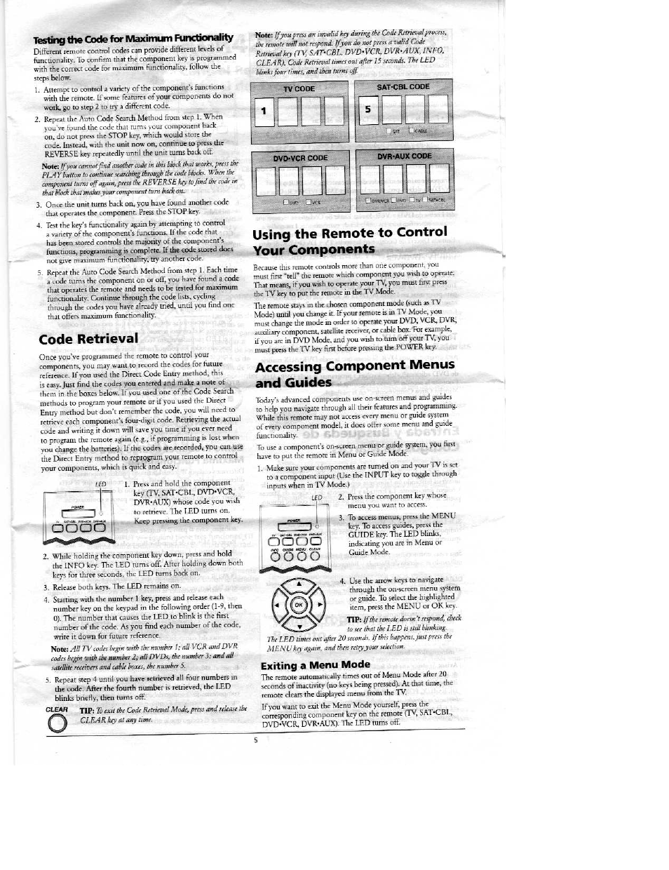 Lesting the code for meudmum functionality, Code retrieval, Using the remote to control your components | Accessing component menus and guides, Exiting a menu mode, O o o o | RCA RCR4383 User Manual | Page 5 / 6