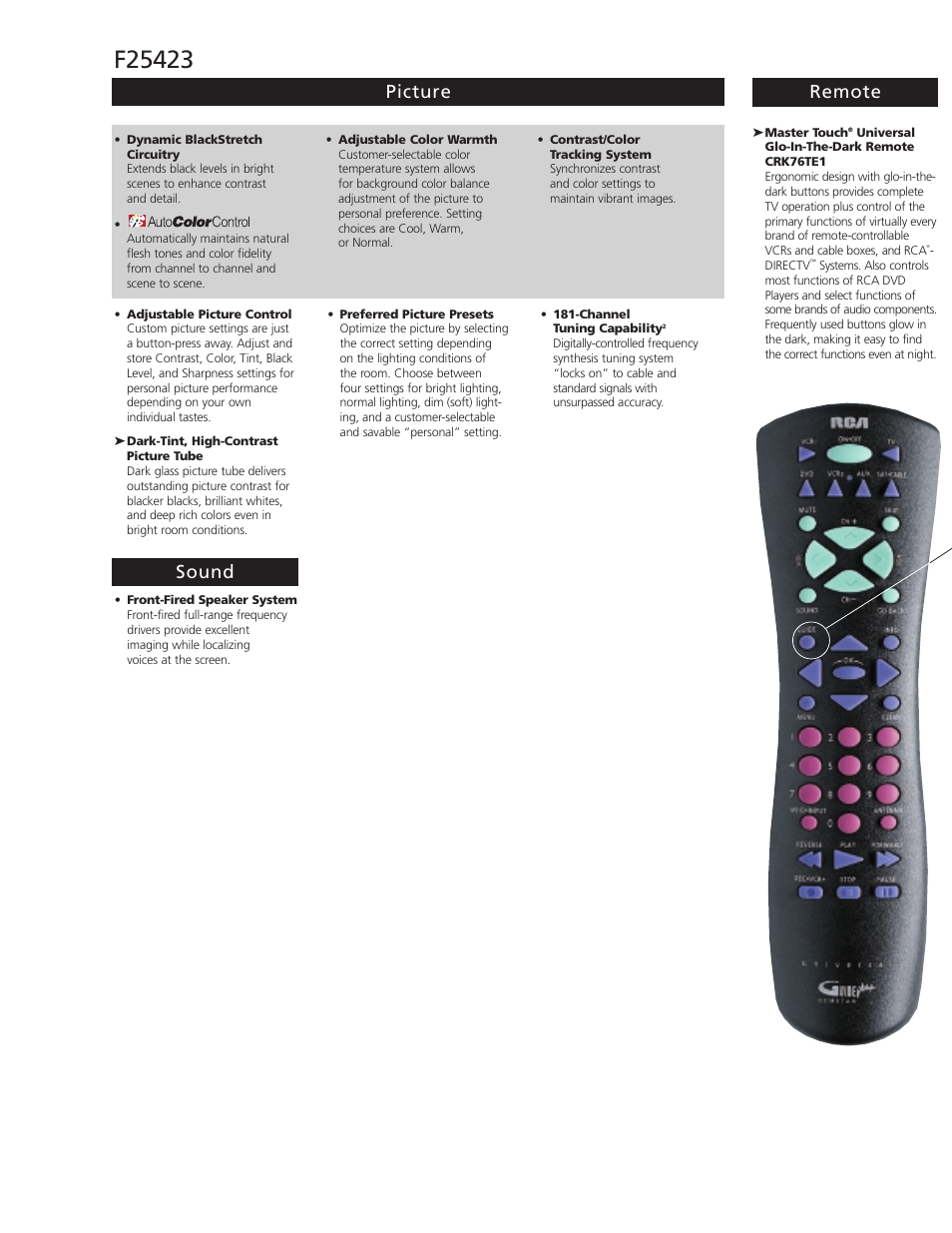 Picture remote sound | RCA F25423 User Manual | Page 2 / 4