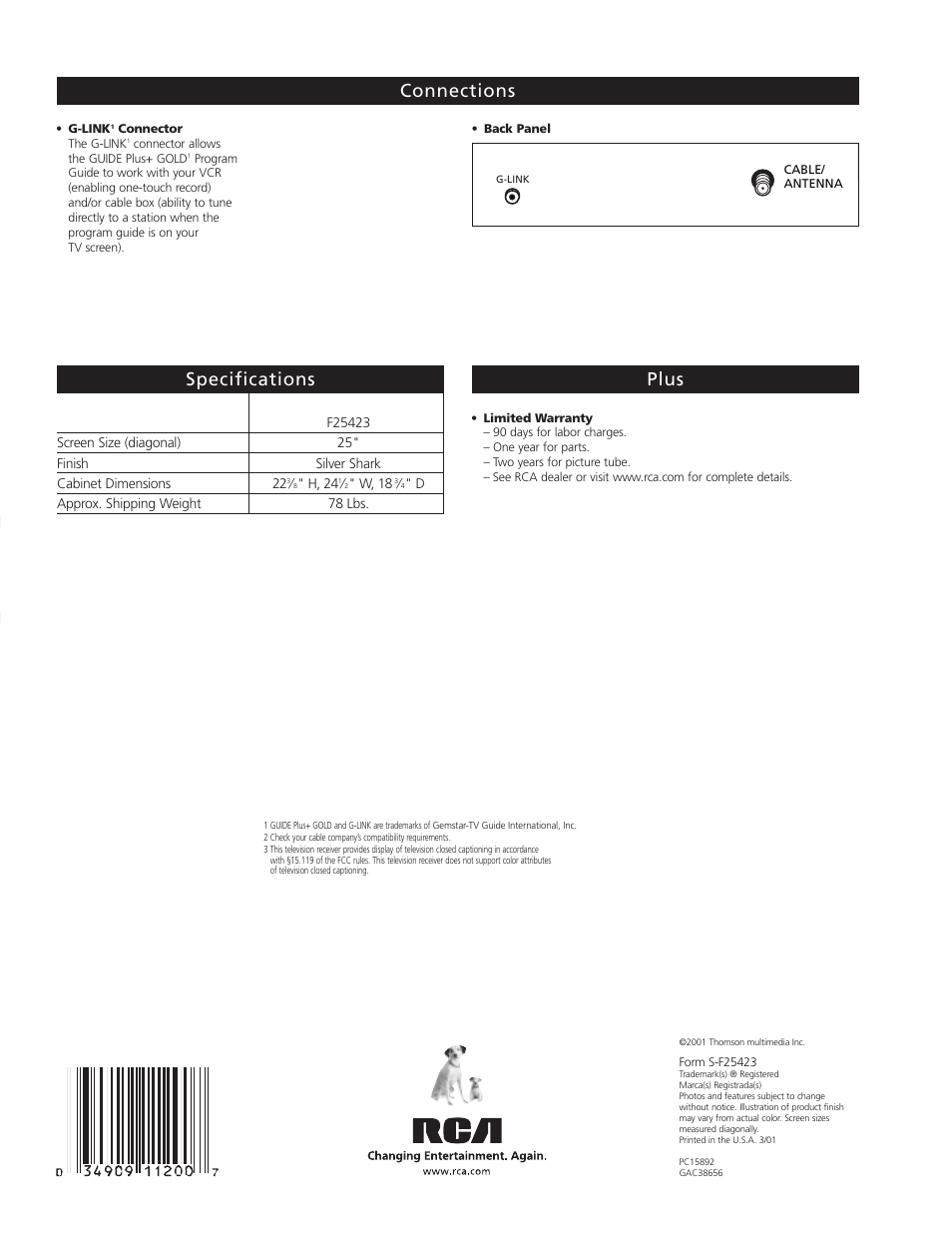 Te levi s io n | RCA F25423 User Manual | Page 4 / 4