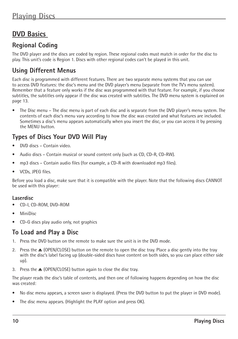 Playing discs, Dvd basics, Regional coding | Using different menus, Types of discs your dvd will play | RCA 20F510TD User Manual | Page 12 / 28