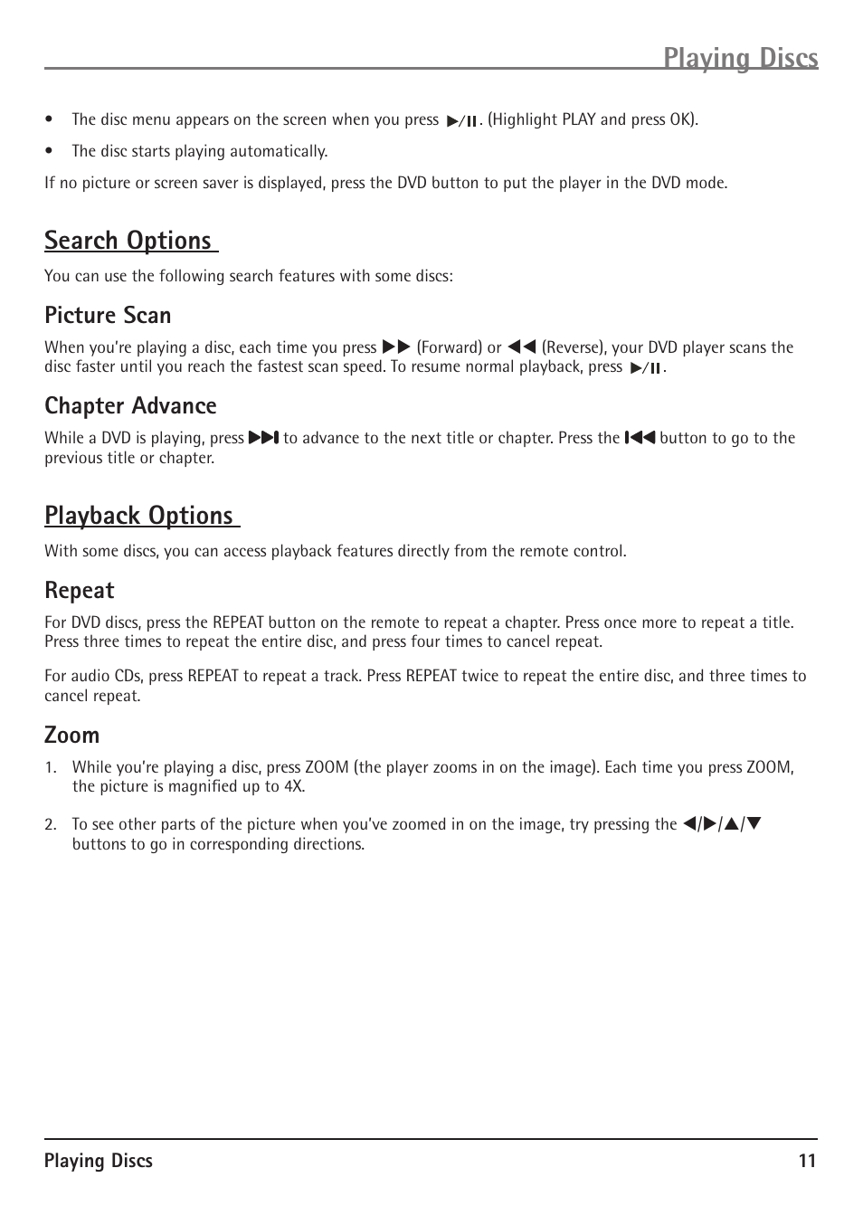 Playing discs, Search options, Playback options | Picture scan, Chapter advance, Repeat, Zoom | RCA 20F510TD User Manual | Page 13 / 28