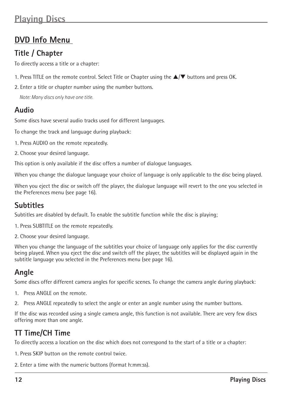 Playing discs, Dvd info menu, Title / chapter | Audio, Subtitles, Angle, Tt time/ch time | RCA 20F510TD User Manual | Page 14 / 28