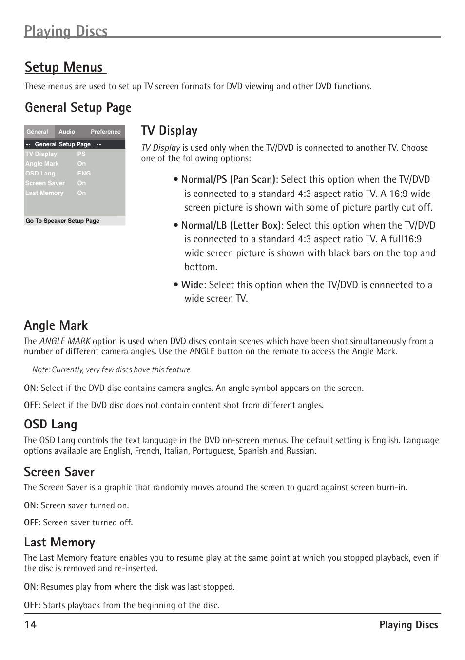 Playing discs, Setup menus, General setup page tv display | Angle mark, Osd lang, Screen saver, 14 playing discs | RCA 20F510TD User Manual | Page 16 / 28