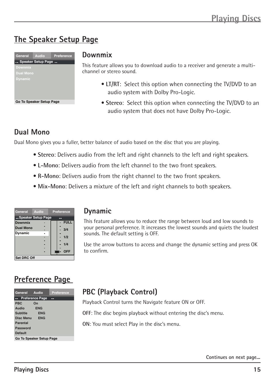 Playing discs, The speaker setup page, Preference page | Downmix, Dual mono, Dynamic, Pbc (playback control), Playing discs 15 | RCA 20F510TD User Manual | Page 17 / 28