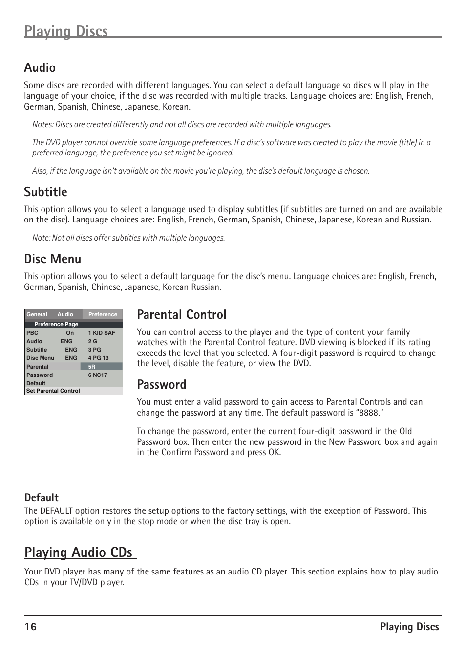 Playing discs, Playing audio cds, Audio | Subtitle, Disc menu, Parental control, Password, 16 playing discs, Default | RCA 20F510TD User Manual | Page 18 / 28