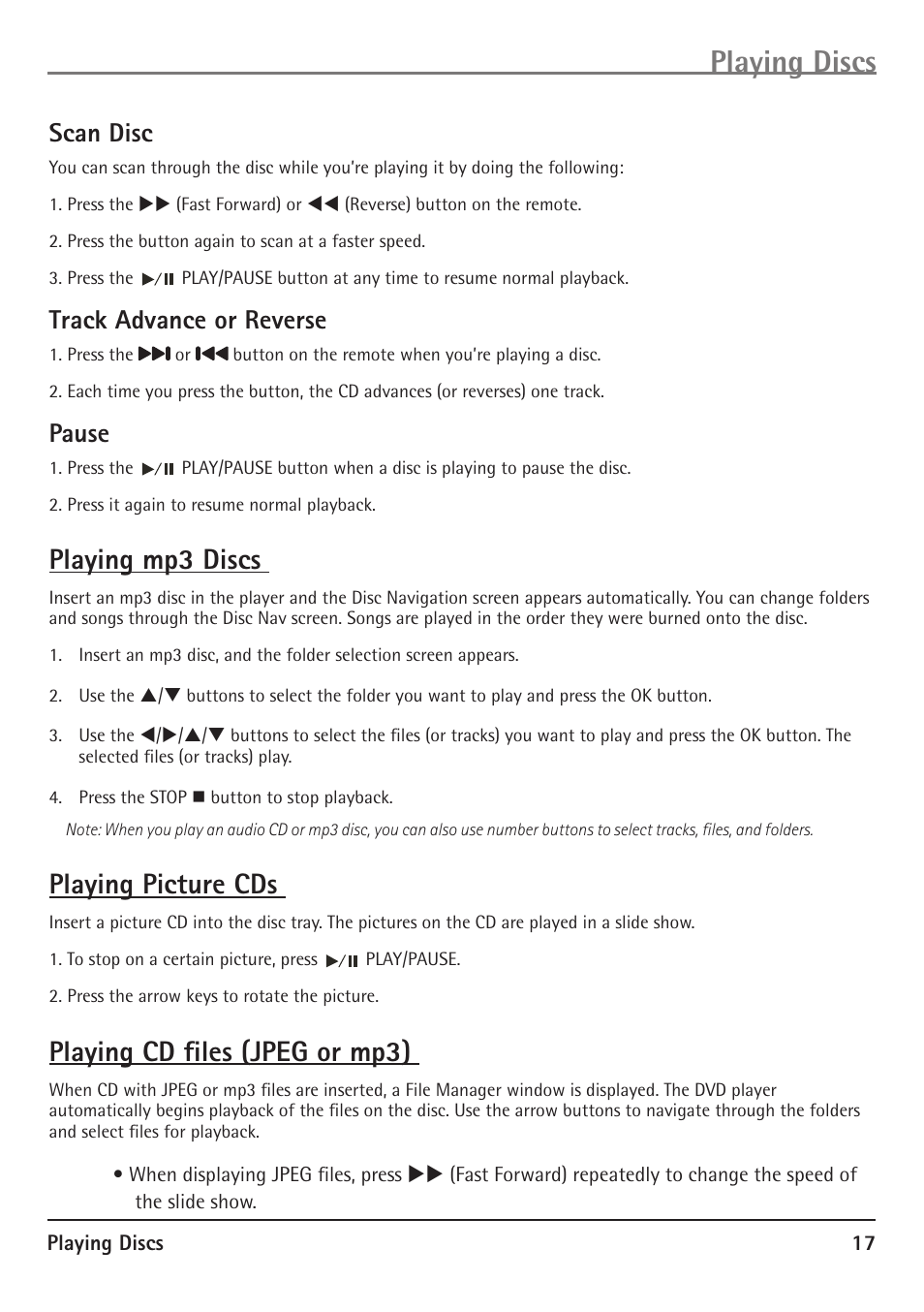 Playing discs, Playing mp3 discs, Playing picture cds | Playing cd files (jpeg or mp3), Scan disc, Track advance or reverse, Pause | RCA 20F510TD User Manual | Page 19 / 28