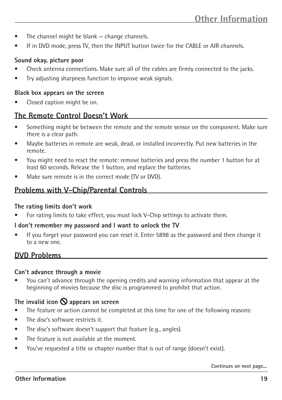 Other information, The remote control doesn’t work, Problems with v-chip/parental controls | Dvd problems | RCA 20F510TD User Manual | Page 21 / 28