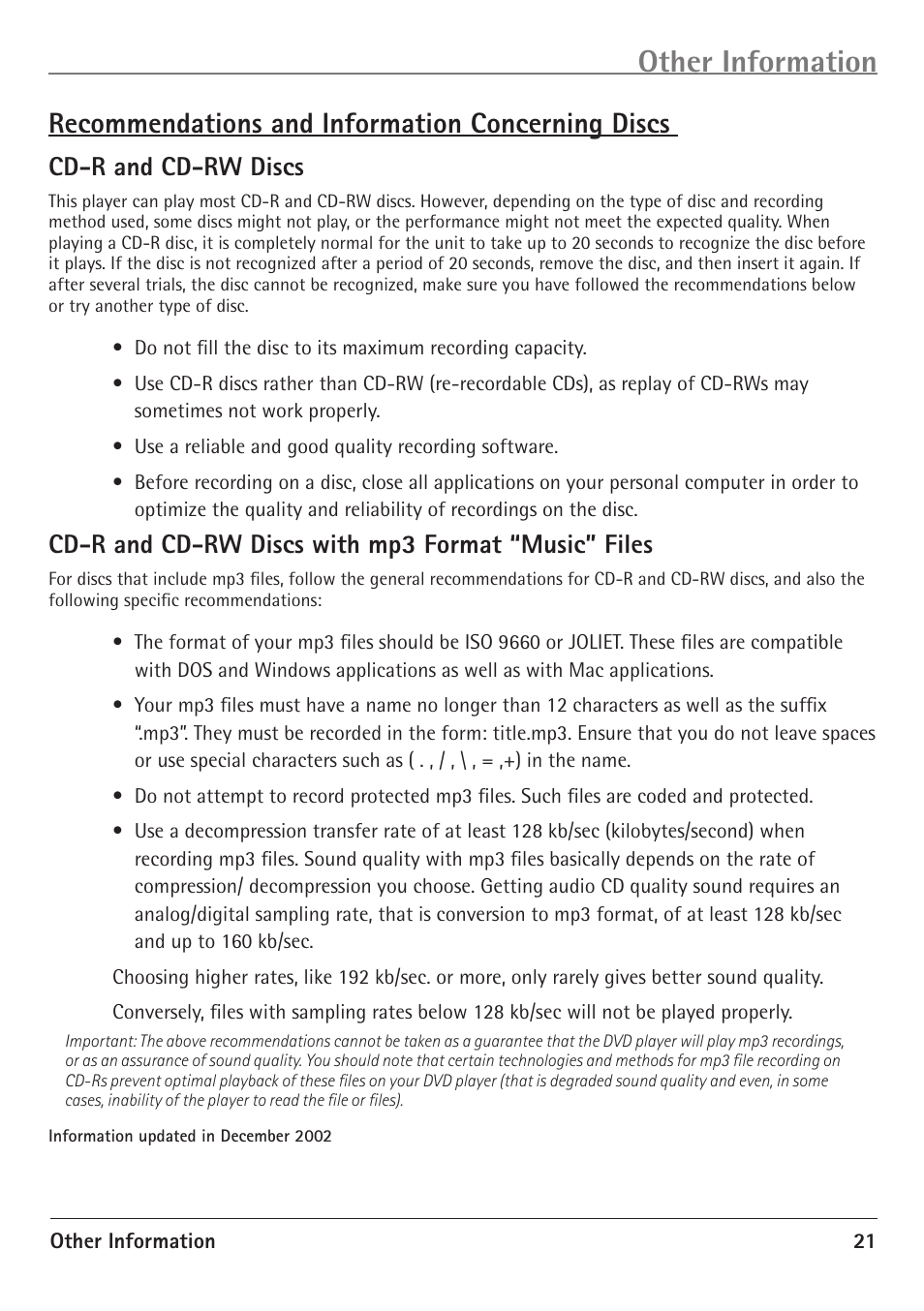 Other information, Recommendations and information concerning discs, Cd-r and cd-rw discs | Cd-r and cd-rw discs with mp3 format “music” files | RCA 20F510TD User Manual | Page 23 / 28