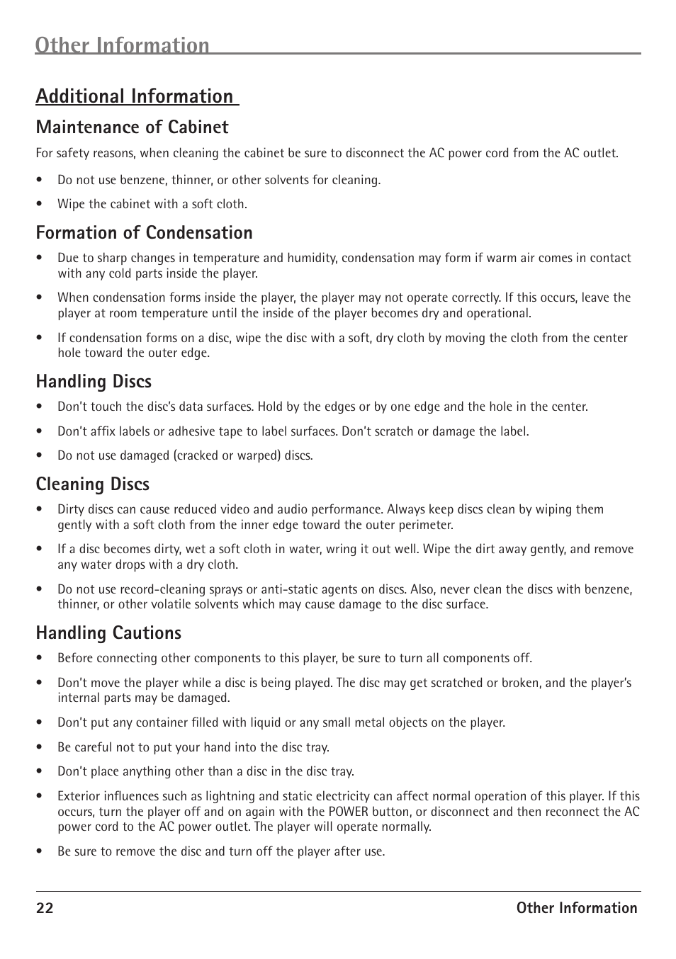 Other information, Additional information, Maintenance of cabinet | Formation of condensation, Handling discs, Cleaning discs, Handling cautions | RCA 20F510TD User Manual | Page 24 / 28