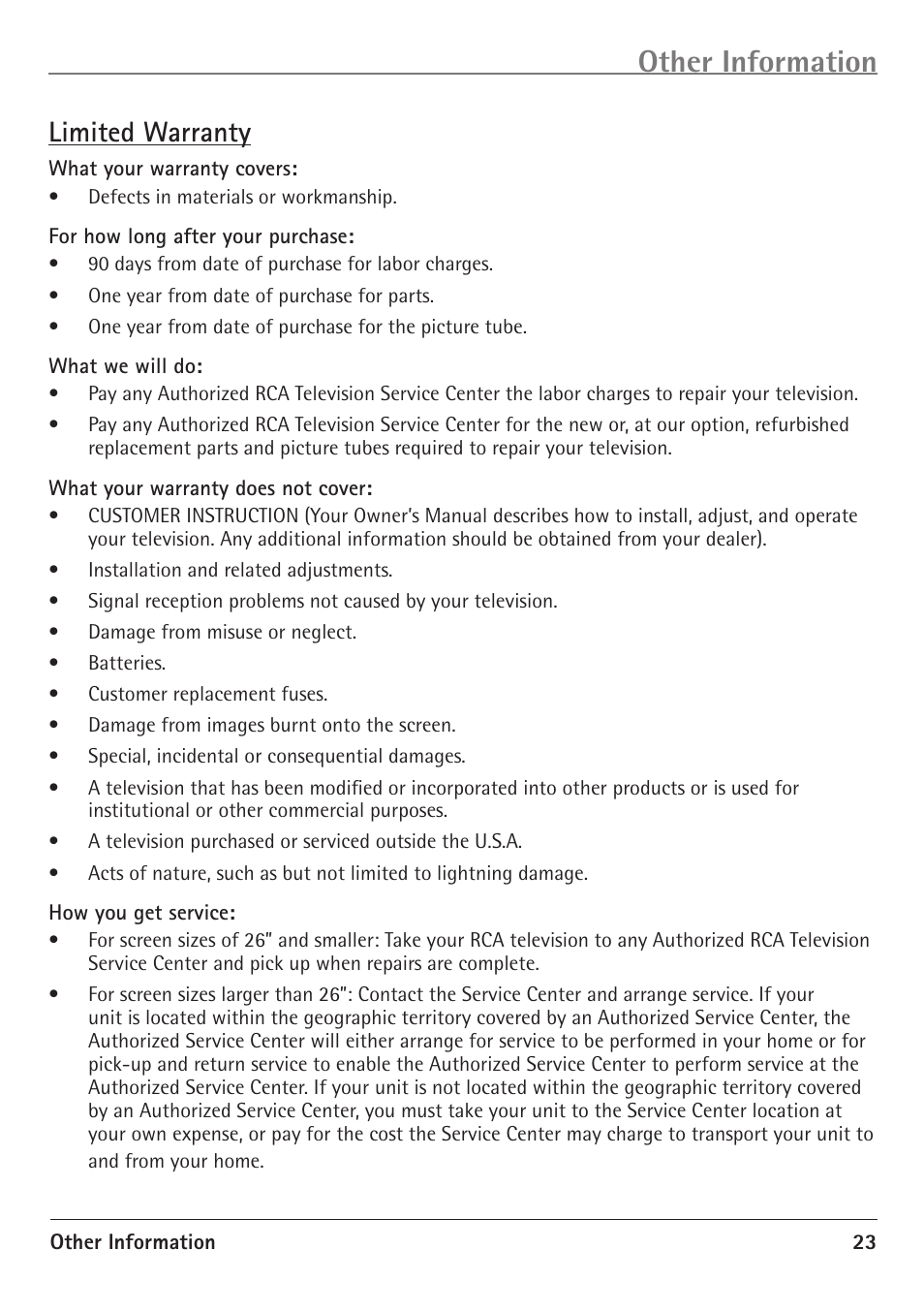 Other information, Limited warranty | RCA 20F510TD User Manual | Page 25 / 28