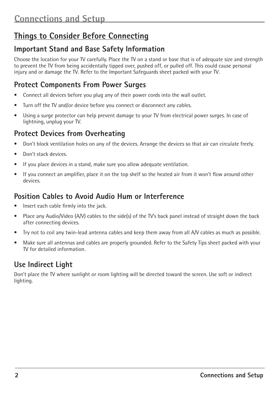 Connections and setup, Things to consider before connecting, Important stand and base safety information | Protect components from power surges, Protect devices from overheating, Position cables to avoid audio hum or interference, Use indirect light | RCA 20F510TD User Manual | Page 4 / 28