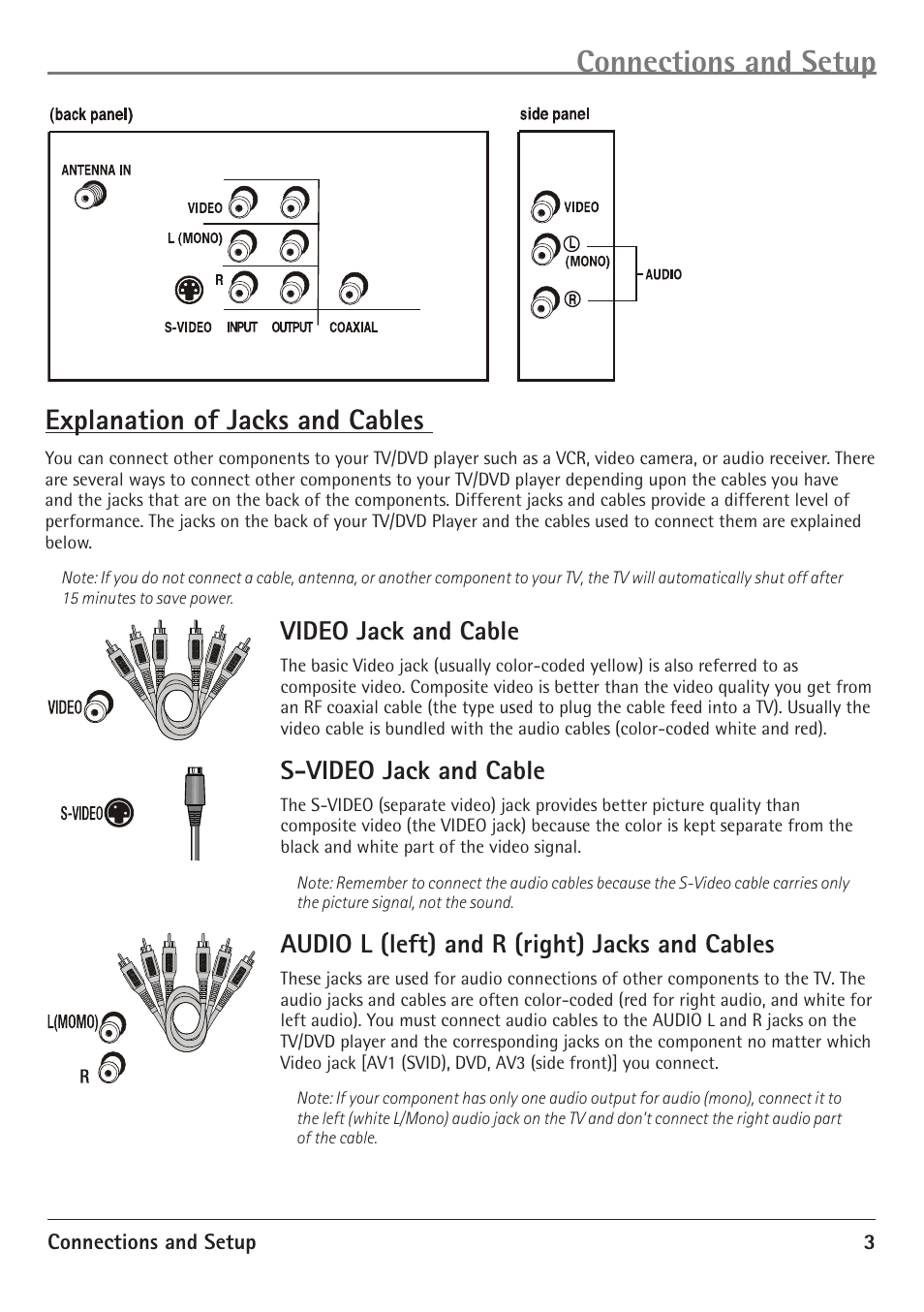 Connections and setup, Explanation of jacks and cables, Video jack and cable | S-video jack and cable, Audio l (left) and r (right) jacks and cables | RCA 20F510TD User Manual | Page 5 / 28