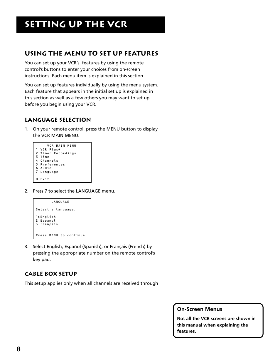 Using the menu to set up features, Language selection, Language selection cable box setup | Setting up the vcr | RCA VR646HF User Manual | Page 10 / 76