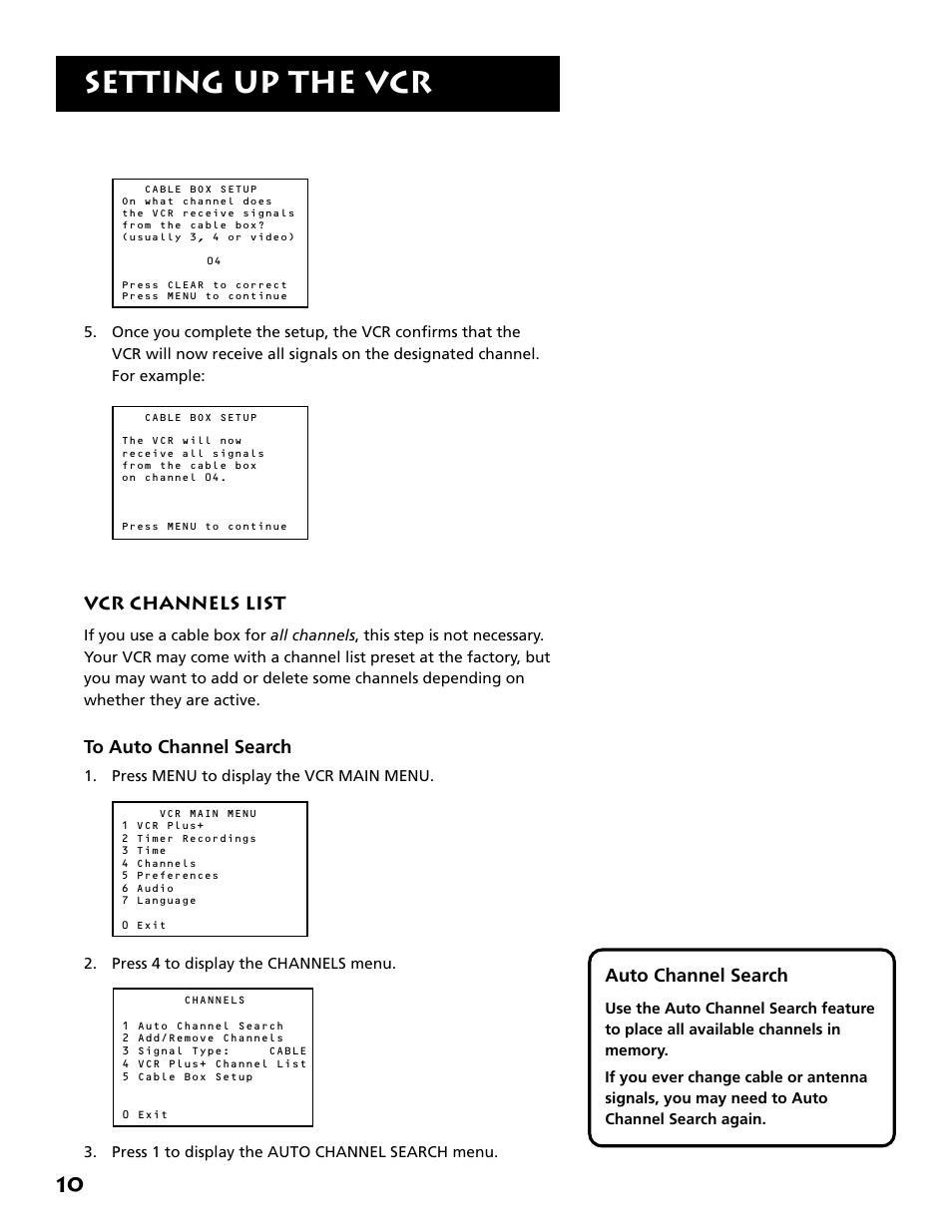 Vcr channels list, Auto channel search, Setting up the vcr | RCA VR646HF User Manual | Page 12 / 76