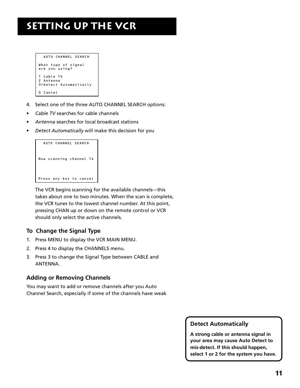 Change the signal type adding or removing channels, Setting up the vcr | RCA VR646HF User Manual | Page 13 / 76