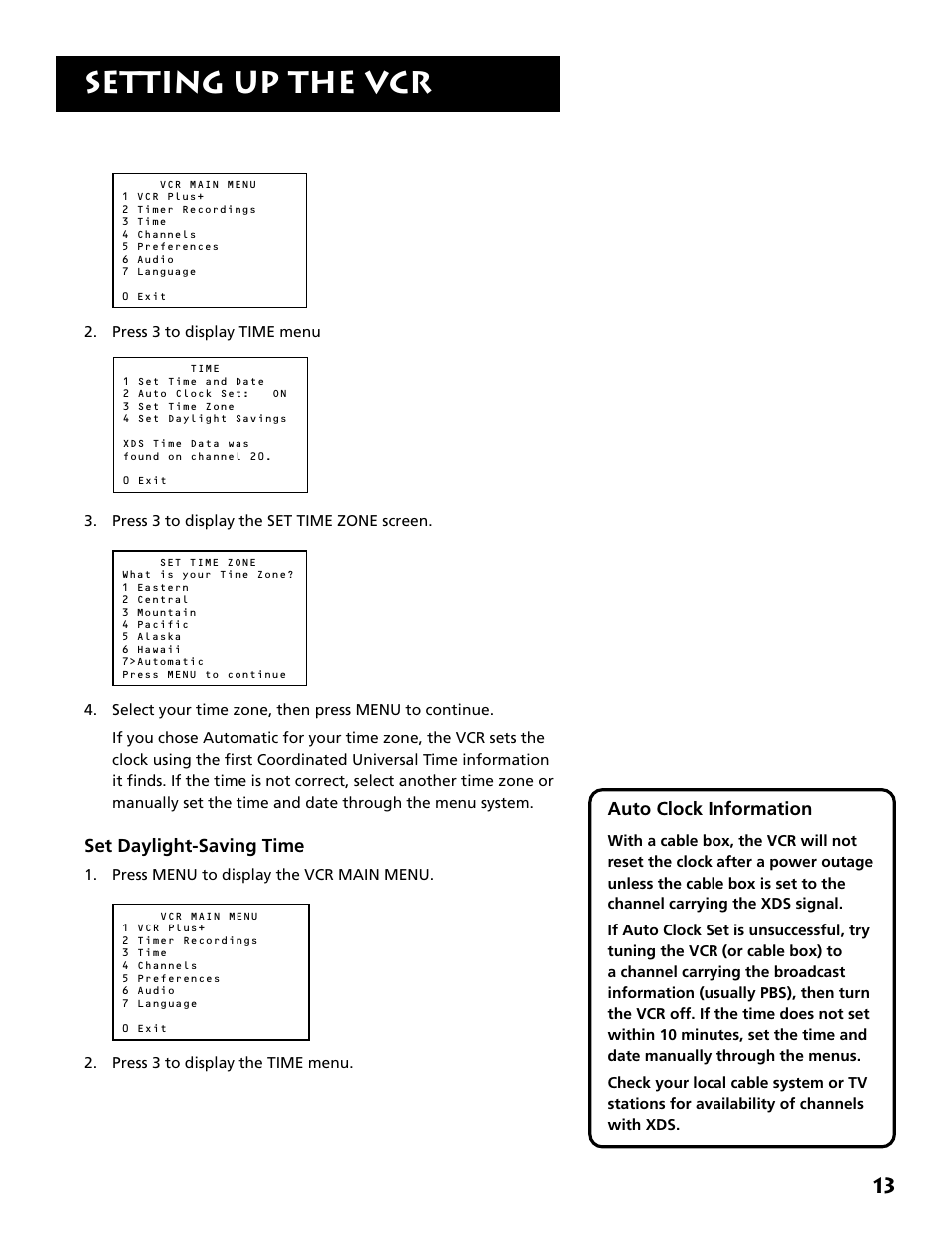 Auto clock set feature, Set the time zone, Set daylight-saving time | Setting up the vcr, Auto clock information | RCA VR646HF User Manual | Page 15 / 76