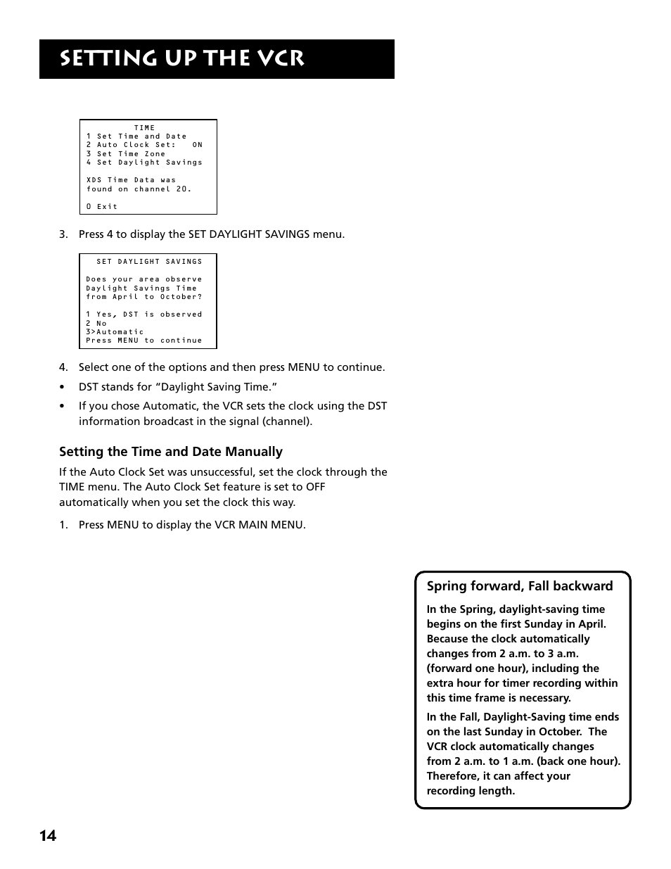 Set daylight-saving time, Setting the time and date manually, Setting up the vcr | RCA VR646HF User Manual | Page 16 / 76