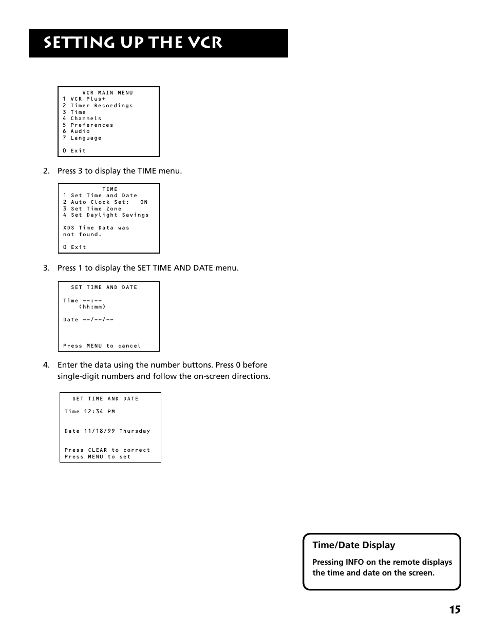 Setting the time and date manually, Setting up the vcr, Time/date display | RCA VR646HF User Manual | Page 17 / 76