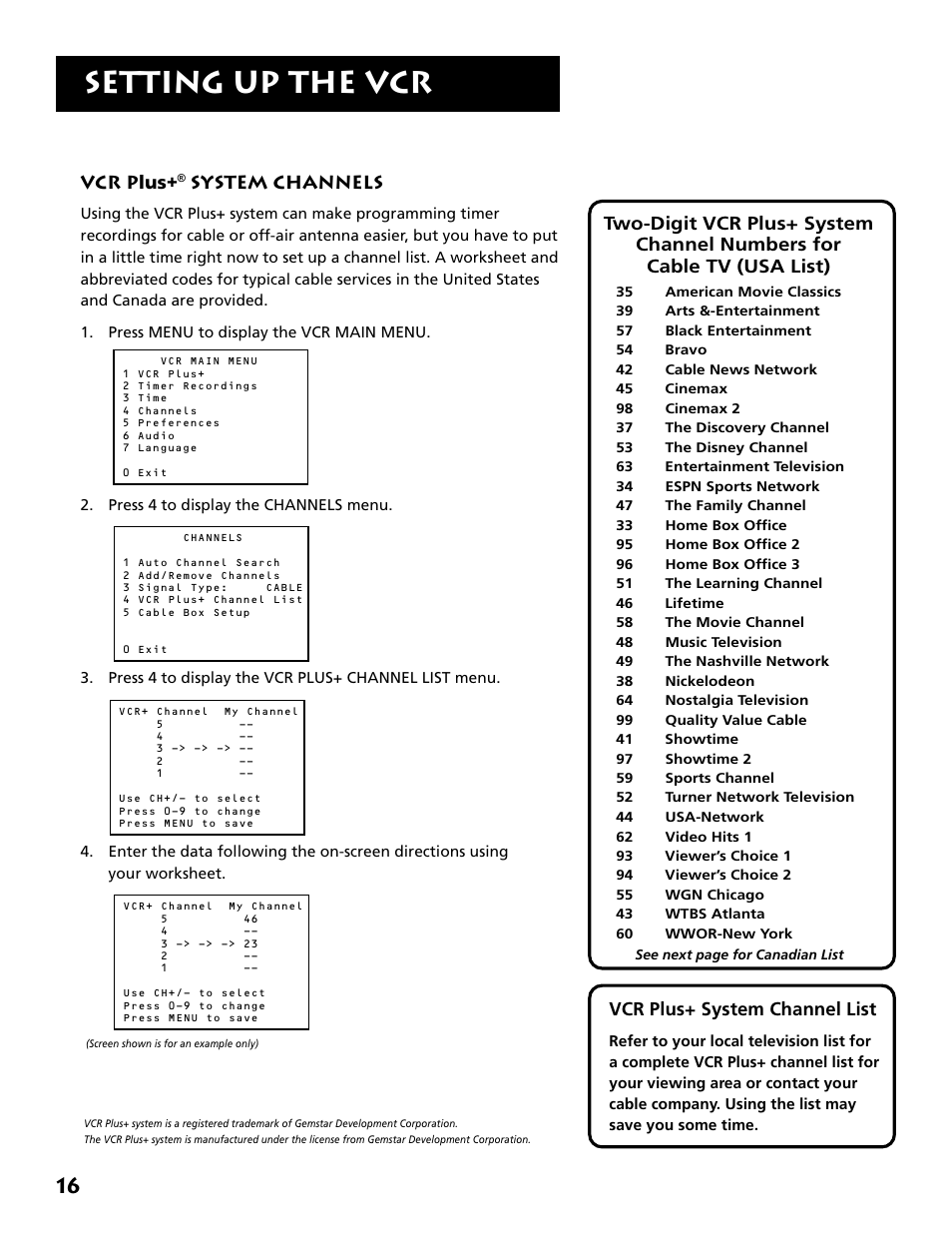 Vcr plus+ system channels, Setting up the vcr, Vcr plus+ system channel list | Vcr plus, System channels | RCA VR646HF User Manual | Page 18 / 76