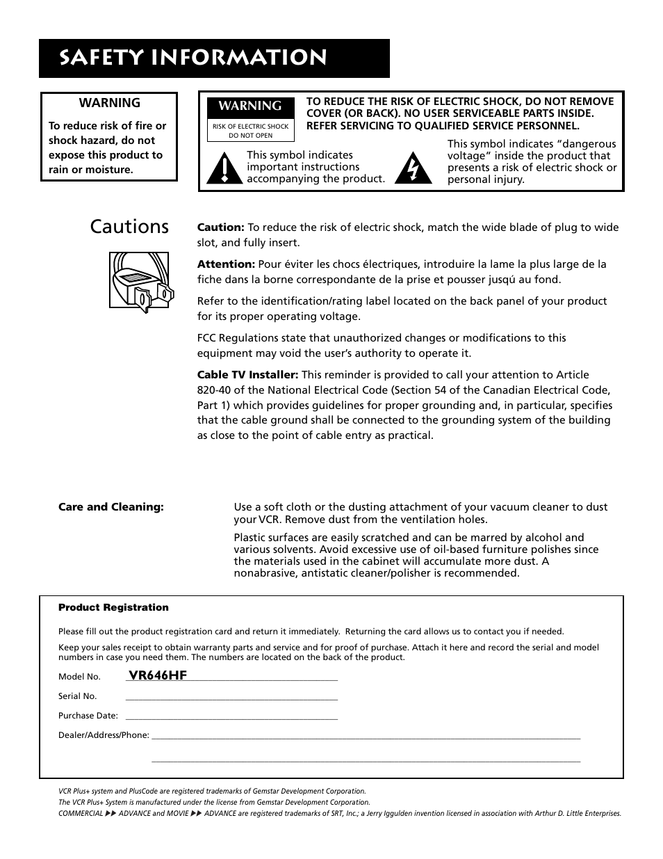 Safety information, Cautions, Warning | Vr646hf | RCA VR646HF User Manual | Page 2 / 76