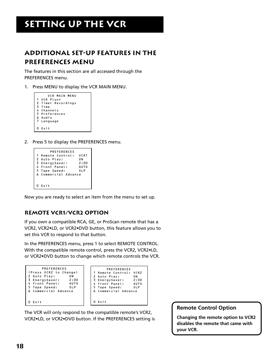 Additional set-up features, Remote vcr1/vcr2 option, Additional set-up features remote vcr1/vcr2 option | Setting up the vcr, Additional set-up features in the preferences menu, Remote control option | RCA VR646HF User Manual | Page 20 / 76