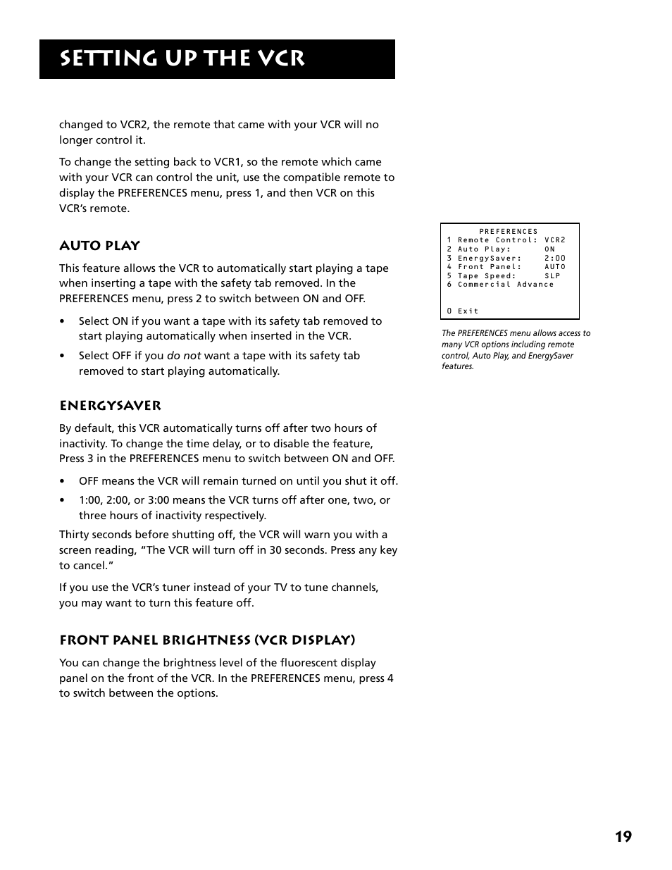Auto play, Energysaver, Setting up the vcr | Front panel brightness (vcr display) | RCA VR646HF User Manual | Page 21 / 76