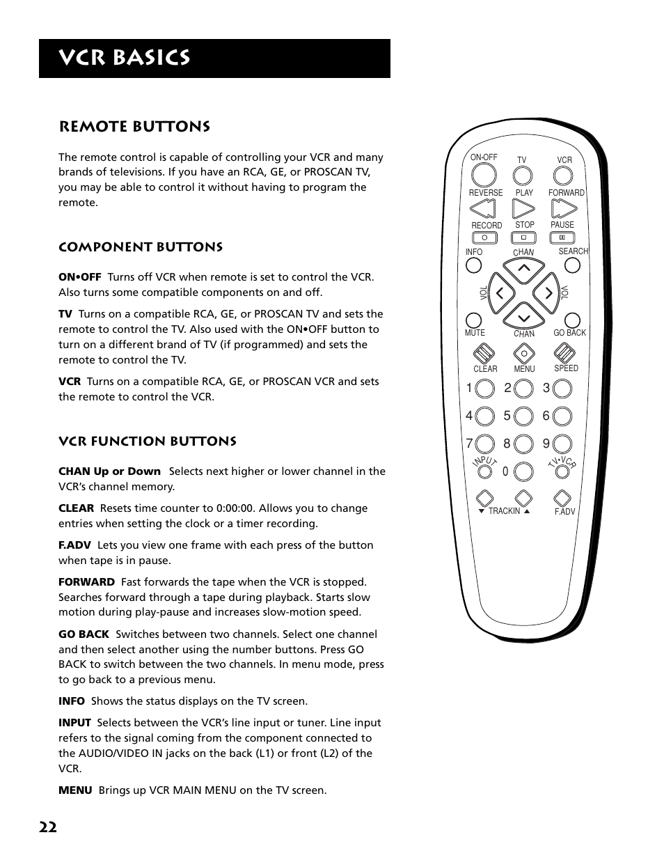 Remote buttons, Component buttons, Vcr function buttons | Component buttons vcr function buttons, Vcr basics | RCA VR646HF User Manual | Page 24 / 76