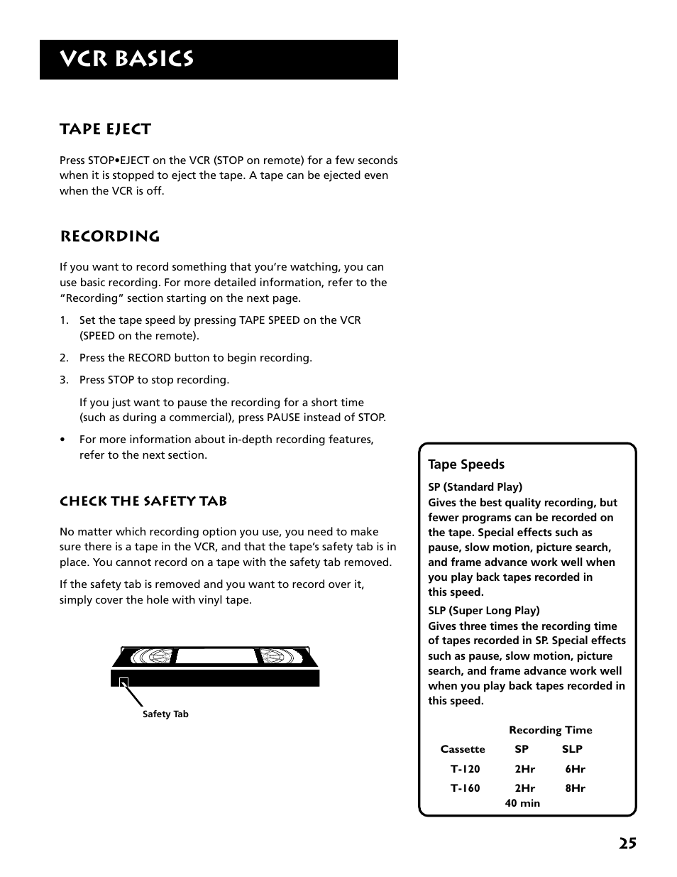 Tape eject, Recording, Recording features | Tape eject recording, Vcr basics | RCA VR646HF User Manual | Page 27 / 76