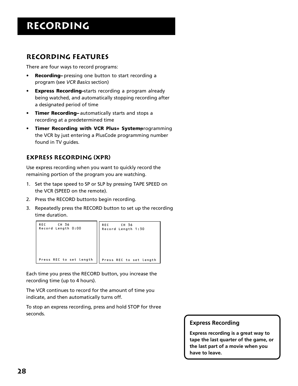 Recording features, Express recording (xpr), Recording | RCA VR646HF User Manual | Page 30 / 76